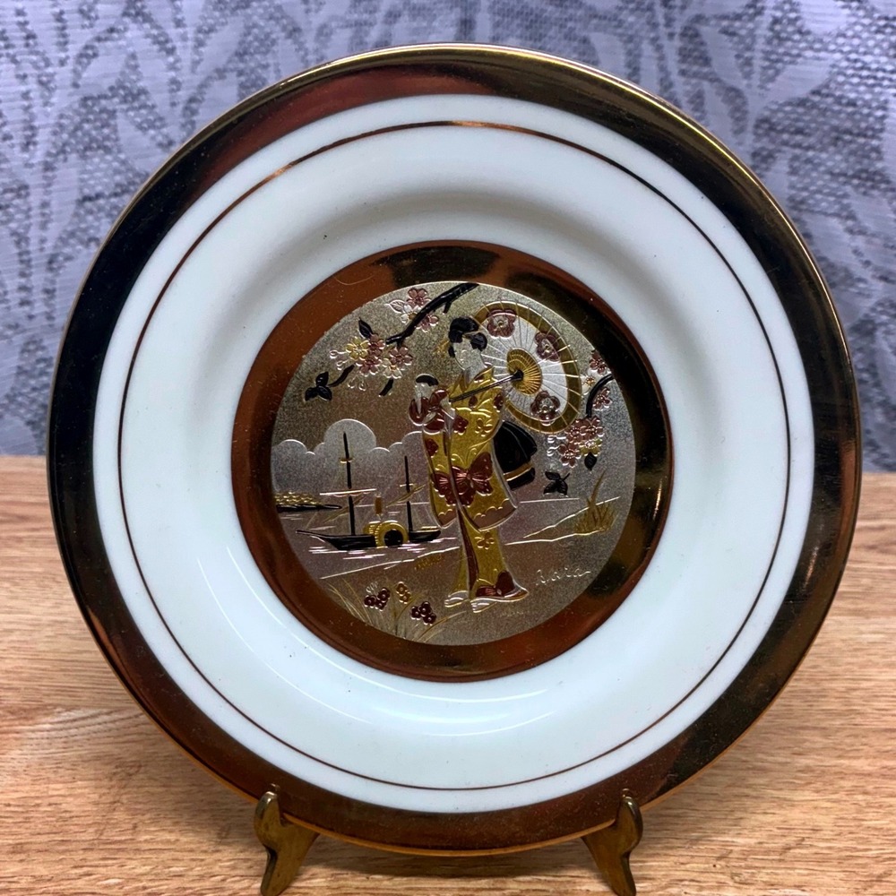 Vtg‎ Chokin Art Plate Yoshinobu Hara Risho Arita Flower Cart 24K Gold Japan 132
